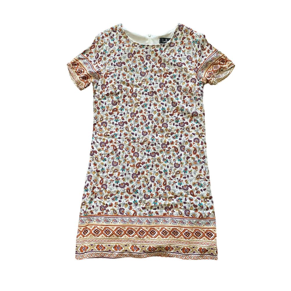 Lulus Nikolai White Floral Paisley Print Short Sleeve Shift Dress S M Boho